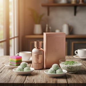 Qissa Delicious di meja kafe bersama dessert &ndash; minyak wangi manis Malaysia