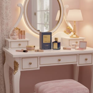 Satin Luxe atas meja solek wanita Malaysia, vibe glam manis