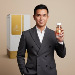 Lelaki Malaysia memakai blazer sambil memegang Super Crush Emir