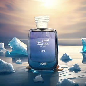 Perfume bottle labeled 'Hawas' with icebergs in the background