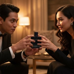 Nocturno with Malaysian man and woman playfully reaching for the same perfume bottle in warm indoor light &ndash; elegant romantic perfume scene Malaysia