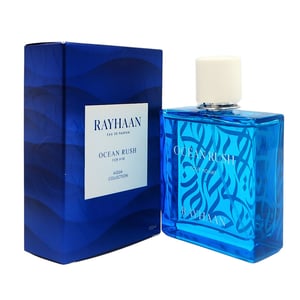 Blue Rayhaan Ocean Rush perfume bottle and packaging on a white background