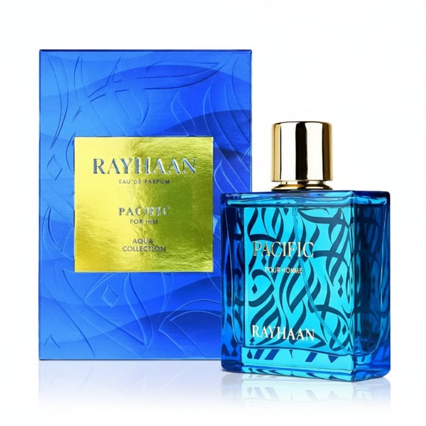 Blue Rayhaan perfume bottle with matching packaging on a white background