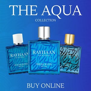 Three bottles of Rayhaan perfume on a blue background with 'The Aqua Collection' text.