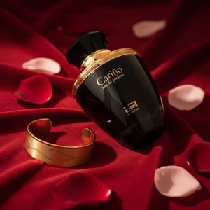 Carino Black by Rue Broca perfume bottle on velvet cloth with gold bracelet luxury women scent Malaysia