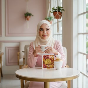 Malay woman café with Carino White by Rue Broca perfume bottle women’s fragrance Malaysia”