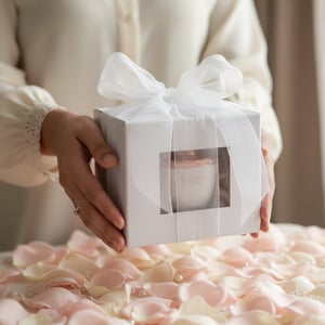 Malay woman receiving Carino White by Rue Broca perfume gift moment women scent Malaysia”