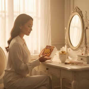 Malay woman at vanity with Carino White by Rue Broca perfume bottle and box luxury women fragrance Malaysia