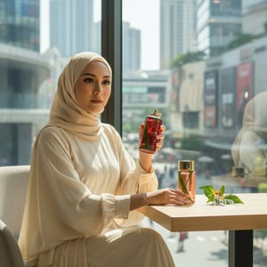 Exotic Paradise by Rue Broca 100ml EDP bottle and box in hands of Malaysian hijab woman happy gift moment