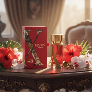 Exotic Paradise by Rue Broca 100ml EDP bottle and box with tropical flowers morning light women perfume Malaysia
