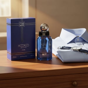 Hooked Azure by Rue Broca 100ml EDP bottle and box on dresser morning light men fragrance Malaysia