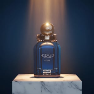 Hooked Azure by Rue Broca 100ml EDP bottle and box marble podium gold spotlight men fragrance Malaysia