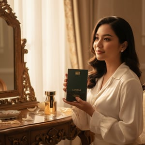 Malay woman by vanity with Luminus Pour Femme by Rue Broca perfume bottle and box luxury women fragrance Malaysia
