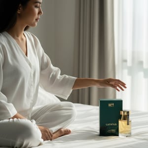 Luminus Pour Femme by Rue Broca perfume bottle on white sheets morning women fragrance Malaysia