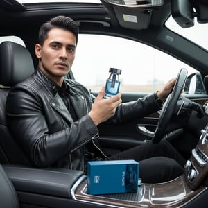 Malay man with Rue Broca Luminus Pour Homme bottle in leather jacket car men fragrance Malaysia