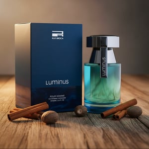 Rue Broca Luminus Pour Homme bottle and box with cinnamon and nutmeg luxury men fragrance Malaysia