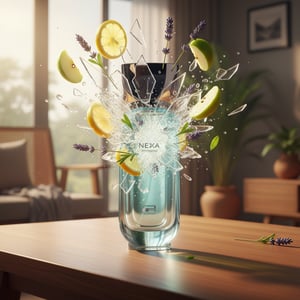 Nexa Immortal Rue Broca men fragrance spicy - bottle with lemon slices and lavender on a wooden table in a room setting