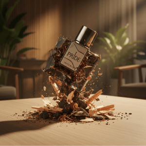 Pride Intense by Rue Broca &ndash; Broken perfume bottle labeled 'Pride' on a table with a blurred indoor background