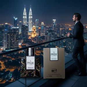 Rue Broca Pride Intense EDP bottle and box rooftop KL skyline midnight men fragrance Malaysia