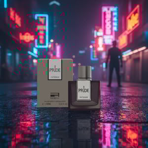 Rue Broca Pride Intense EDP bottle and box on rain-wet pavement KL neon lights men fragrance Malaysia