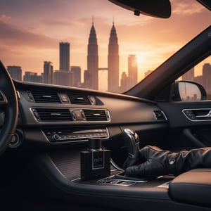 Rue Broca Pride Pour Homme EDP bottle and box on dashboard luxury car men fragrance Malaysia”