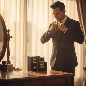 Rue Broca Pride Pour Homme EDP bottle and box on dresser Malay man adjusting tie morning light men fragrance Malaysia
