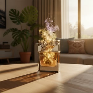 R U Serious Him by Rue Broca &ndash; Perfume bottle with smoke effect on a table in a living room setting