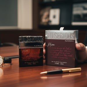 Rue Broca R U Serious Him perfume bottle and box on boardroom table Malay businessman men fragrance Malaysia
