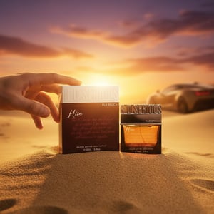 Rue Broca R U Serious Him perfume bottle and box on desert dune luxury car adventure men fragrance Malaysia