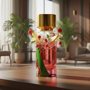 Rue Broca Exotic Decorative glass with red liquid and gold top on a wooden table in a modern living room.