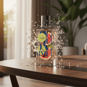 On Time pour Homme - Perfume bottle with fruit design on a wooden table