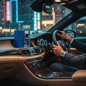 Rue Broca On Time Pour Homme perfume bottle on car dashboard rainy KL lights men fragrance Malaysia