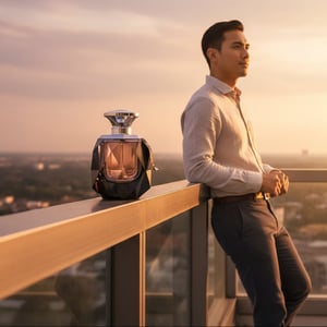 Rue Broca Touche Pour Homme perfume bottle on balcony golden hour KL skyline men scent Malaysia