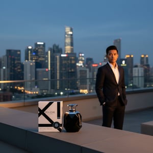 Malay man on rooftop with Rue Broca Touche Pour Homme perfume bottle city skyline men scent Malaysia