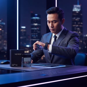 Theoreme Matrix by Rue Broca 90ml EDP bottle and box on desk with smartwatch neon light men fragrance Malaysia