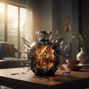 Touche Pour Homme by Rue Broca &ndash;Broken whiskey bottle with liquid spilling out on a wooden table