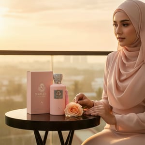 Darlene Pour Femme by Volare perfume bottle sunrise balcony pastel hijab women fragrance Malaysia