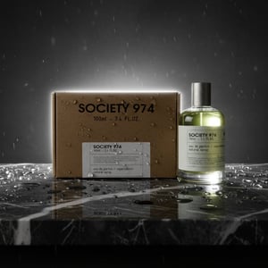 SOCIETY 974 eau de parfum bottle and packaging on a gray background