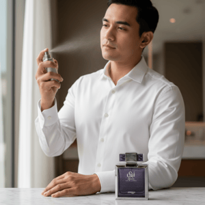Malay man in white shirt with Zimaya Abadi Opulent perfume on marble morning men scent Malaysia