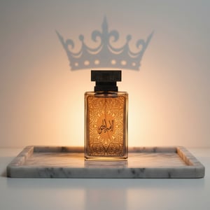 Al Embratur Elixir Bottle centered on marble tray with amber light from behind; subtle crown shadow cast on wall.