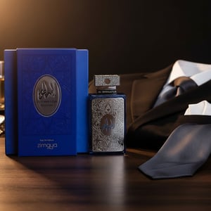 Al Embratur Intense by Zimaya perfume bottle beside black suit and tie gold light men perfume Malaysia