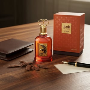 Al Fouz by Zimaya perfume bottle on wooden desk with oud chips and leather wallet luxury scent Malaysia