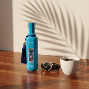 Andalusi Blue by Zimaya perfume bottle on desk with watch and coffee cup morning light Malaysia”