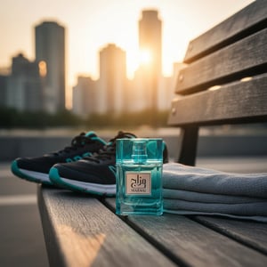 Mazaaj Rhythm by Zimaya perfume bottle on bench with sneakers and sunrise Kuala Lumpur fresh unisex scent