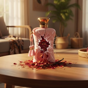 Fatima Pink Extrait perfume bottle with gold cap on a wooden table with decorative elements