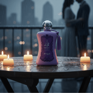 Fatima Velvet Love by Zimaya perfume bottle on balcony rain romantic women fragrance Malaysia