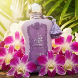 Fatima Velvet Love by Zimaya perfume bottle among orchids with dew drops tropical women perfume Malaysia