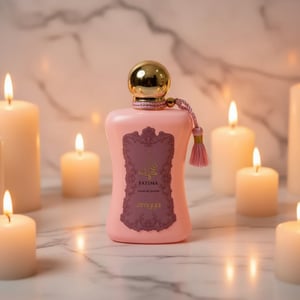 Fatima by Zimaya perfume bottle surrounded by candles on marble vanity amber light Malaysia