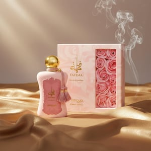 Fatima by Zimaya perfume bottle on golden silk with oud smoke and sunlight luxury women fragrance Malaysia