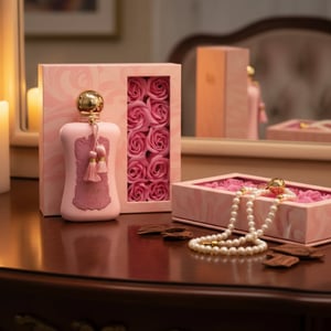 Fatima by Zimaya perfume bottle with pearl necklace and oud chips on vanity candlelight Malaysia